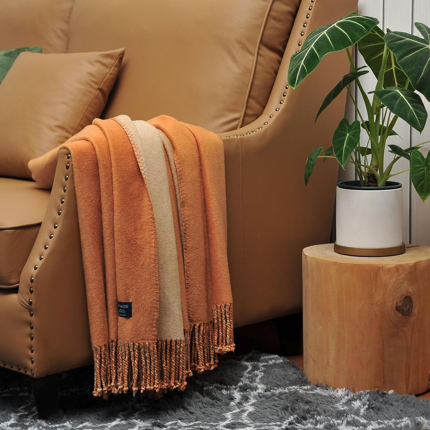 EP Mode Reversible Fringed Mulberry Silk Throw Blanket for Sofa (Caramel/Beige)
