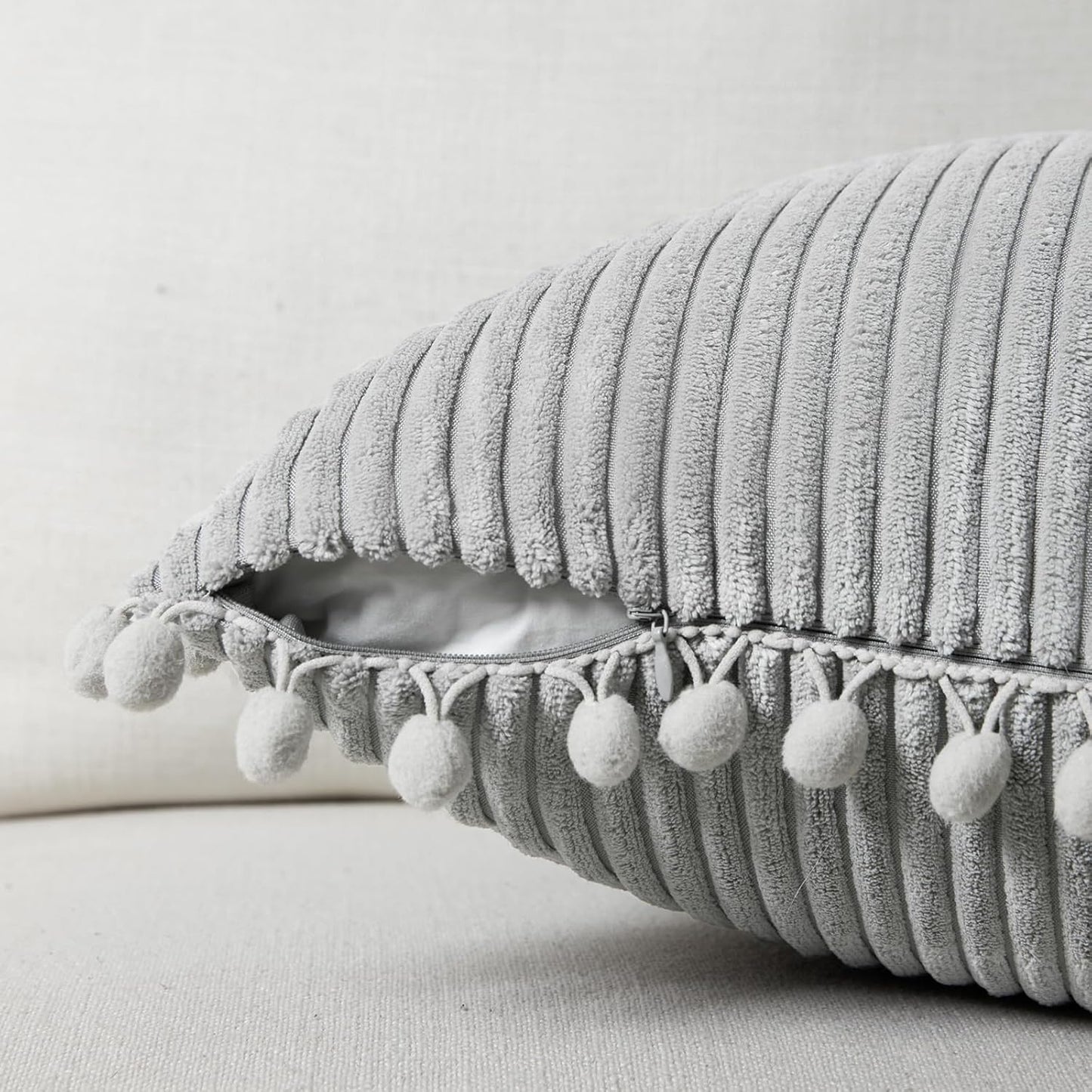 Fancy Homi 2 Packs Neutral Grey Decorative Throw Pillow Covers 20x20 Inch with Pom-poms for Couch Bed Sofa, Aesthetic Modern Organic Farmhouse Boho Home Decor, Soft Corduroy Cute Accent Cushion Case