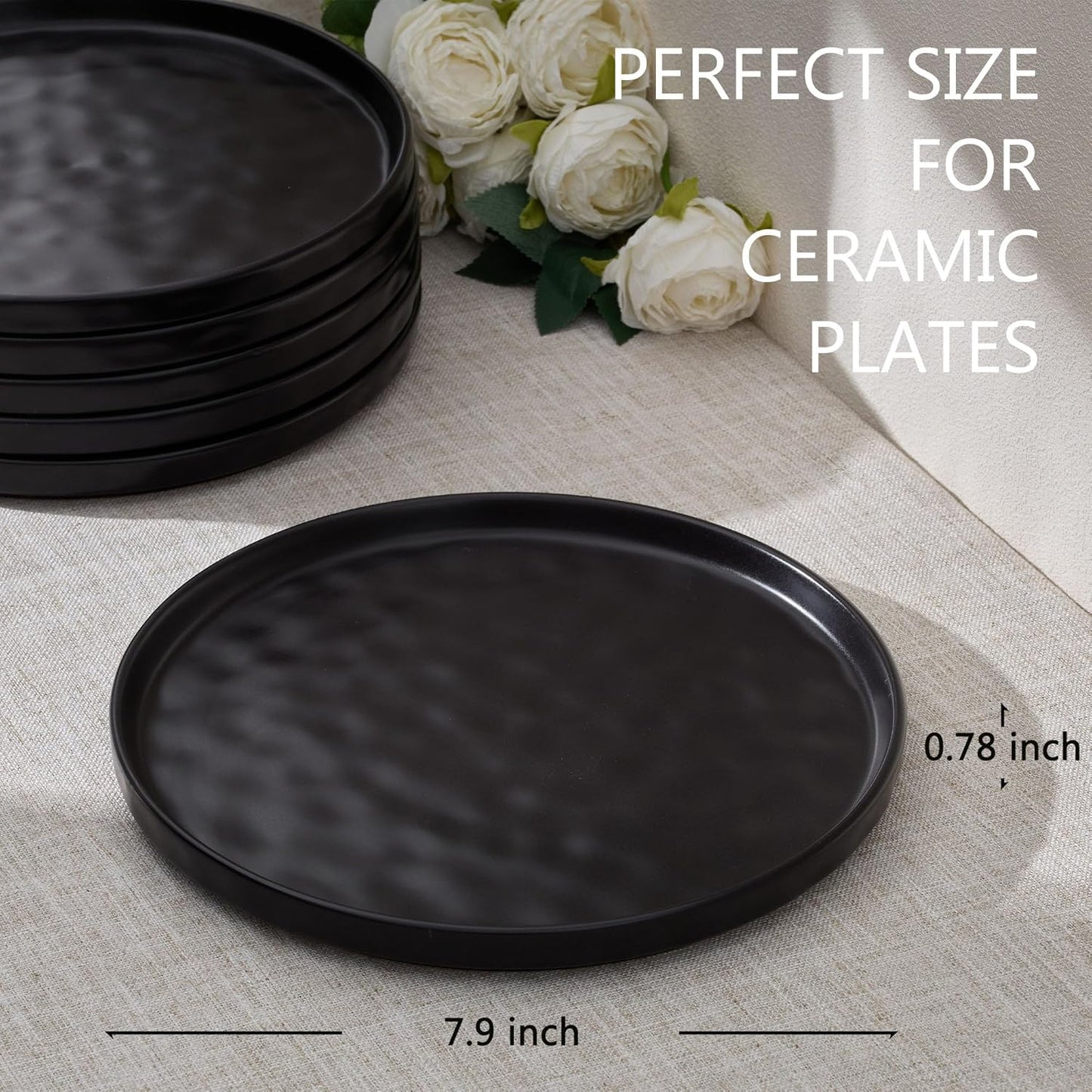 LIANYU Ceramic Dessert Plates Set of 6, 7.9 Inch Dinner Appetizer Plates for Kitchen & Dining, Porcelain Serving Round Plate for Cake, Bread, Salad, Snack, Microwave & Dishwasher Safe, Obsidian Black
