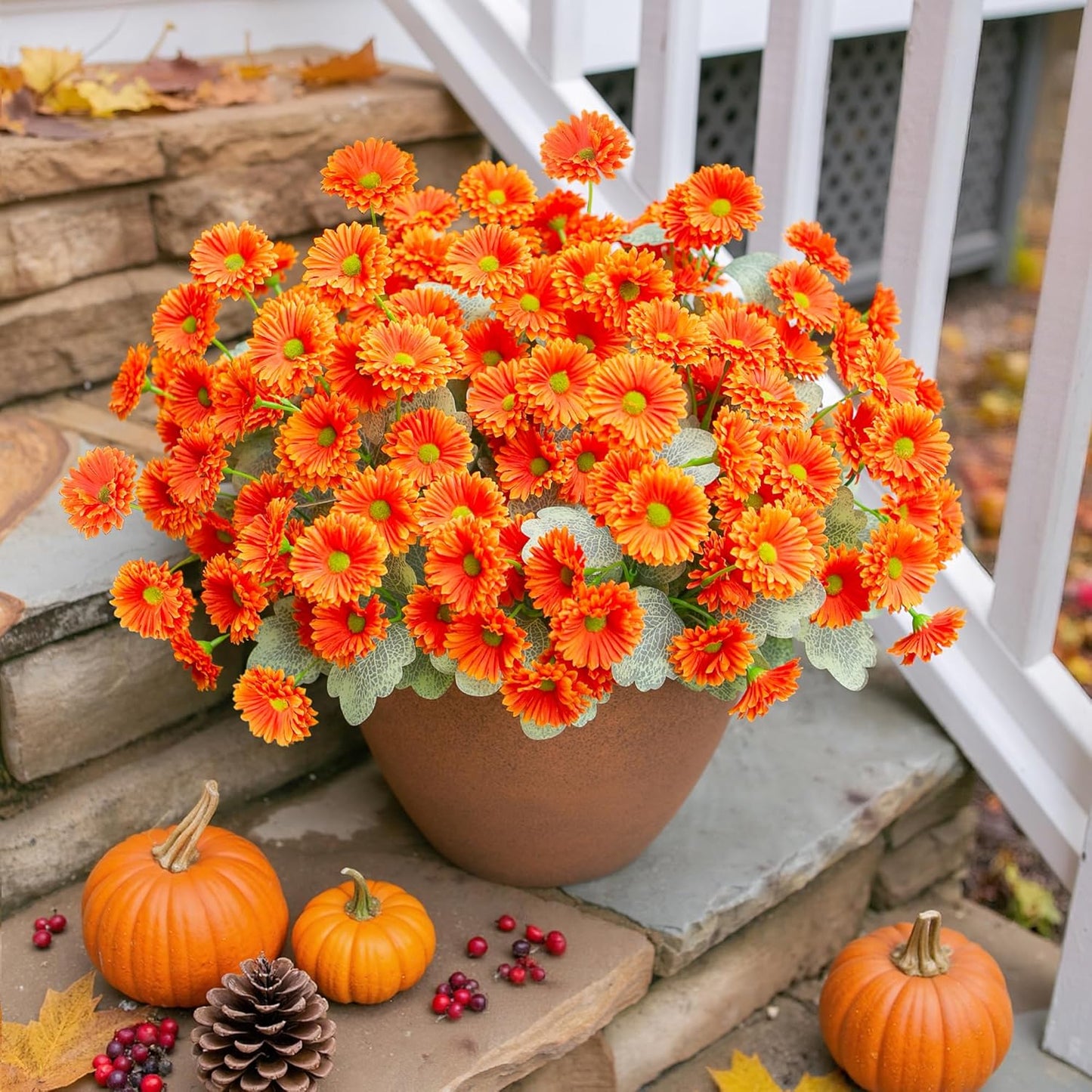 HyeFlora Dahlia Artificial Fall Flowers for Outdoors Autumn Decoration, 6 Bundles Fake Mums Orange Faux Flowers Plants Realistic UV Resistant Silk Flowers for Outside Planter Front Door Yard Garden