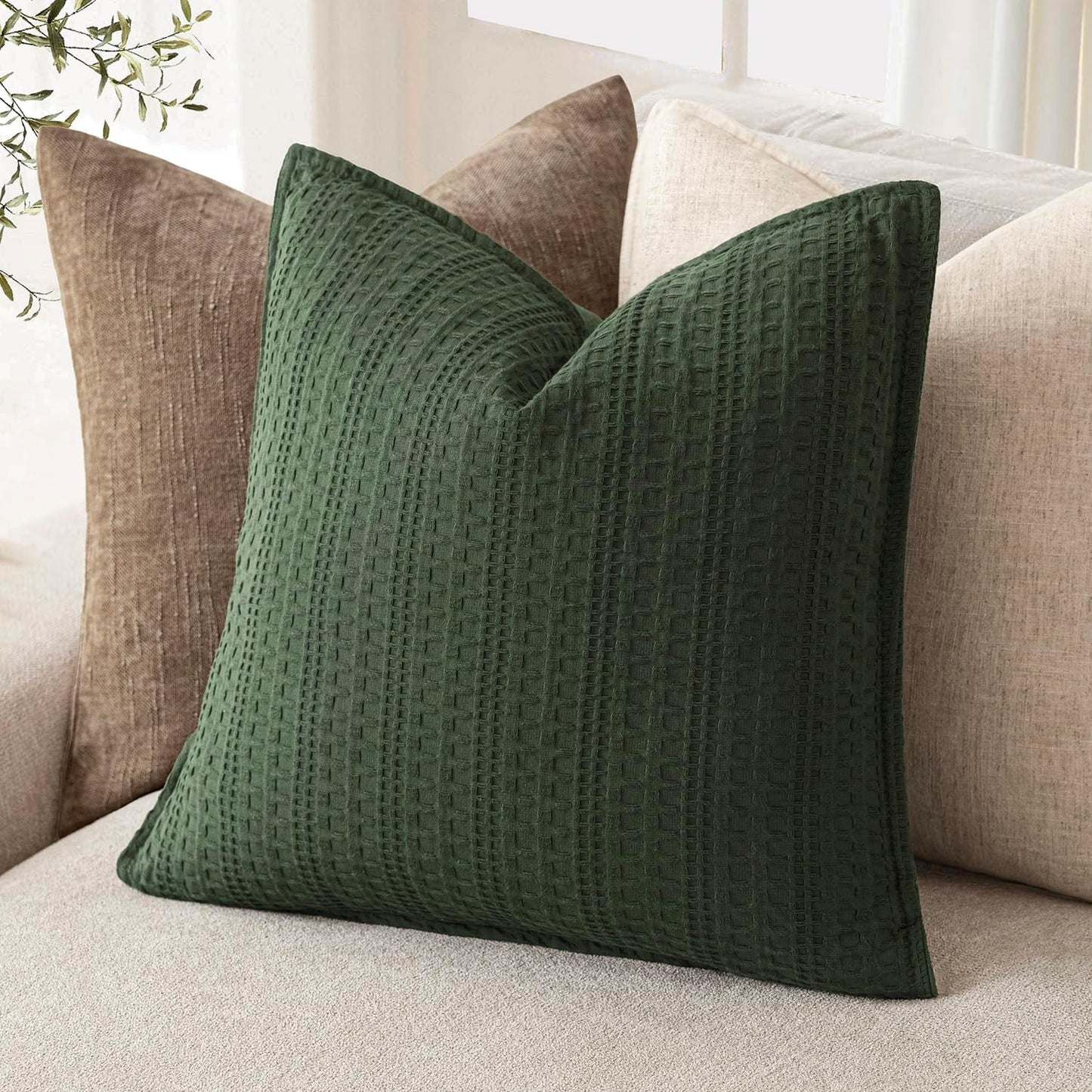 Foindtower Set of 2 Decorative Cotton Waffle Weave Throw Pillow Covers Euro Shams Cushion Covers Accent European Pillowcase for Bed Couch Sofa Bedroom Living Room Home Decor 22×22 Inch Dark Green