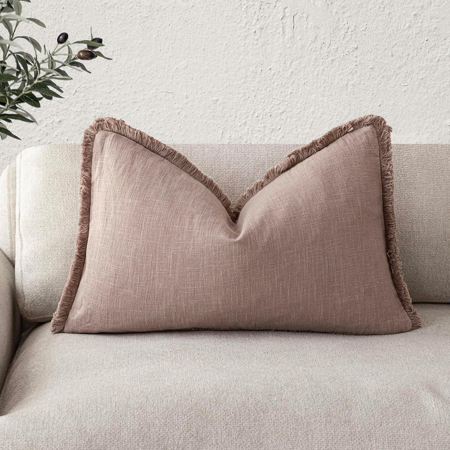 Foindtower Decorative Linen Fringe Lumbar Throw Pillow Covers Cozy Boho Farmhouse Cushion Cover with Tassel Soft Accent Pillowcase for Sofa Bed Living Room Home Decor, 12×24 Inch,1PC,Dusty Pink