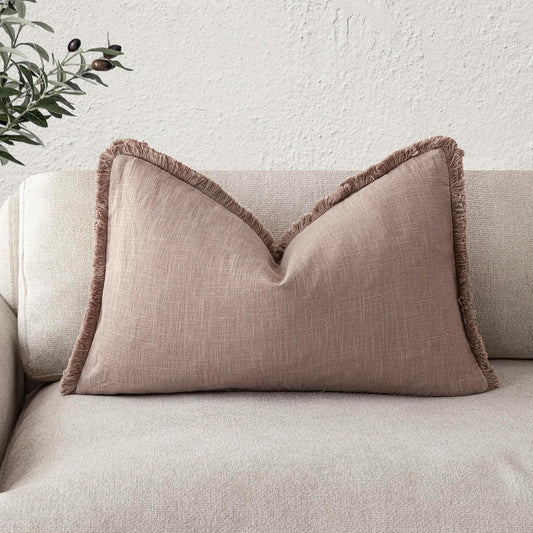 Foindtower Decorative Linen Fringe Lumbar Throw Pillow Covers Cozy Boho Farmhouse Cushion Cover with Tassel Soft Accent Pillowcase for Sofa Bed Living Room Home Decor, 12×24 Inch,1PC,Dusty Pink