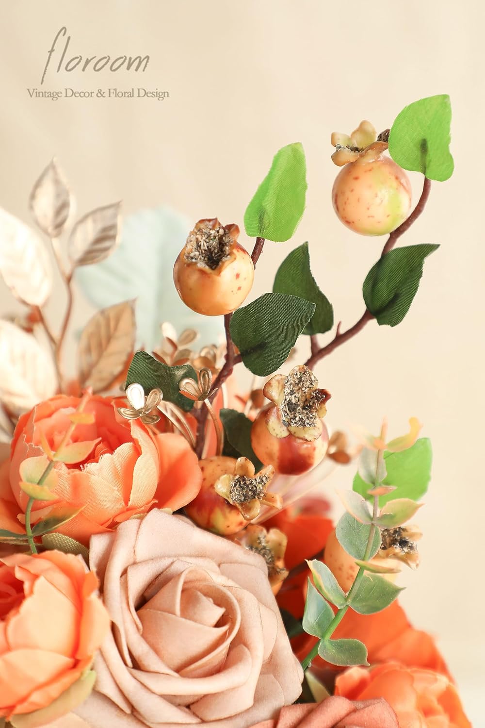 Floroom Artificial Greenery Stems Box Set, 63pcs with 7 Kinds of Faux Greenery Flowers Picks for DIY Bridal Bouquets Wedding Floral Arrangement Table Centerpieces, Burnt Orange & Green