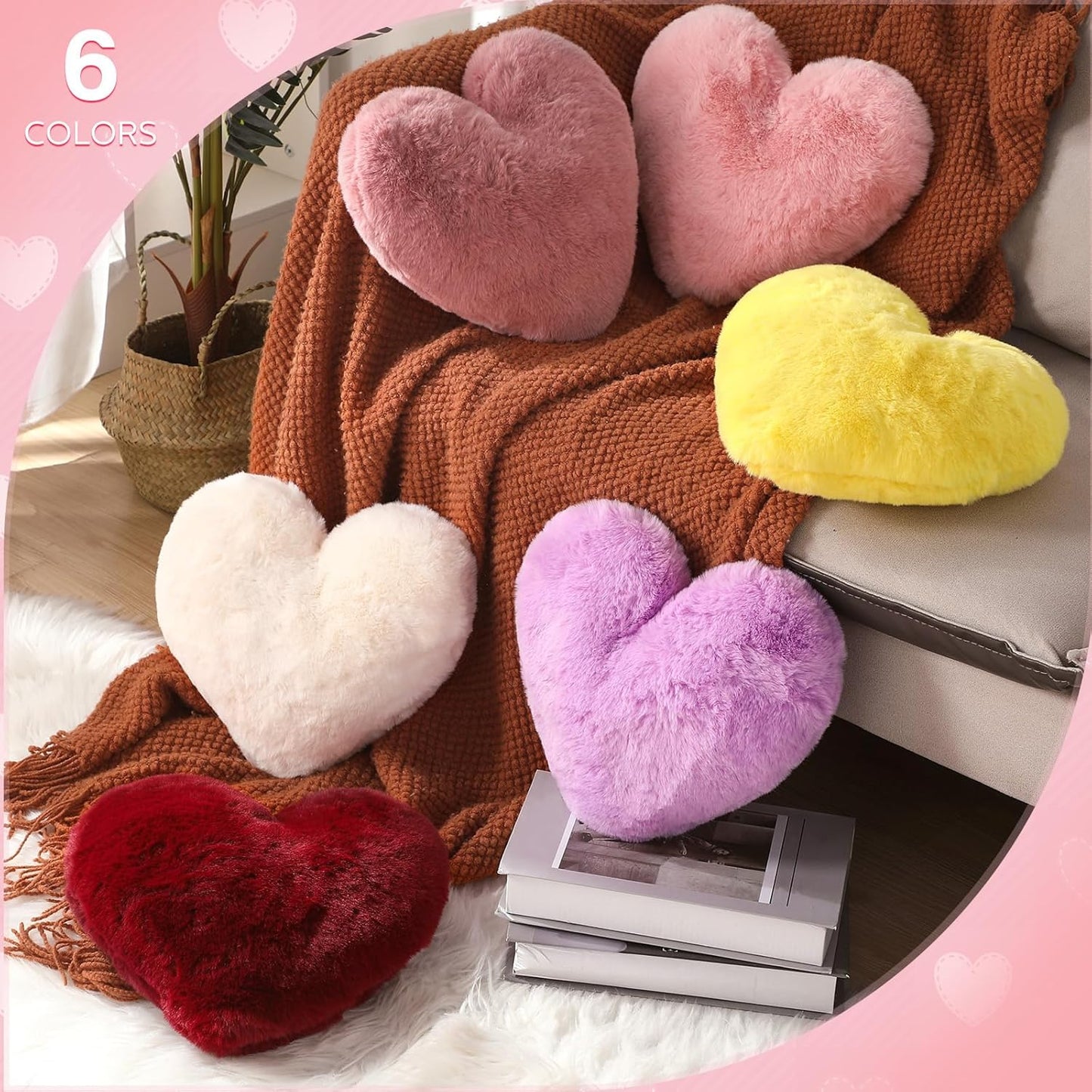 Liliful 6 Pcs Faux Rabbit Fur Heart Pillows Helloween Fluffy Heart Throw Pillows Christmas Cute Couch Cushion Soft Decorative Throw Cushion for Bed Sofa Girls Women(12 x 11 Inch,Bright Color)