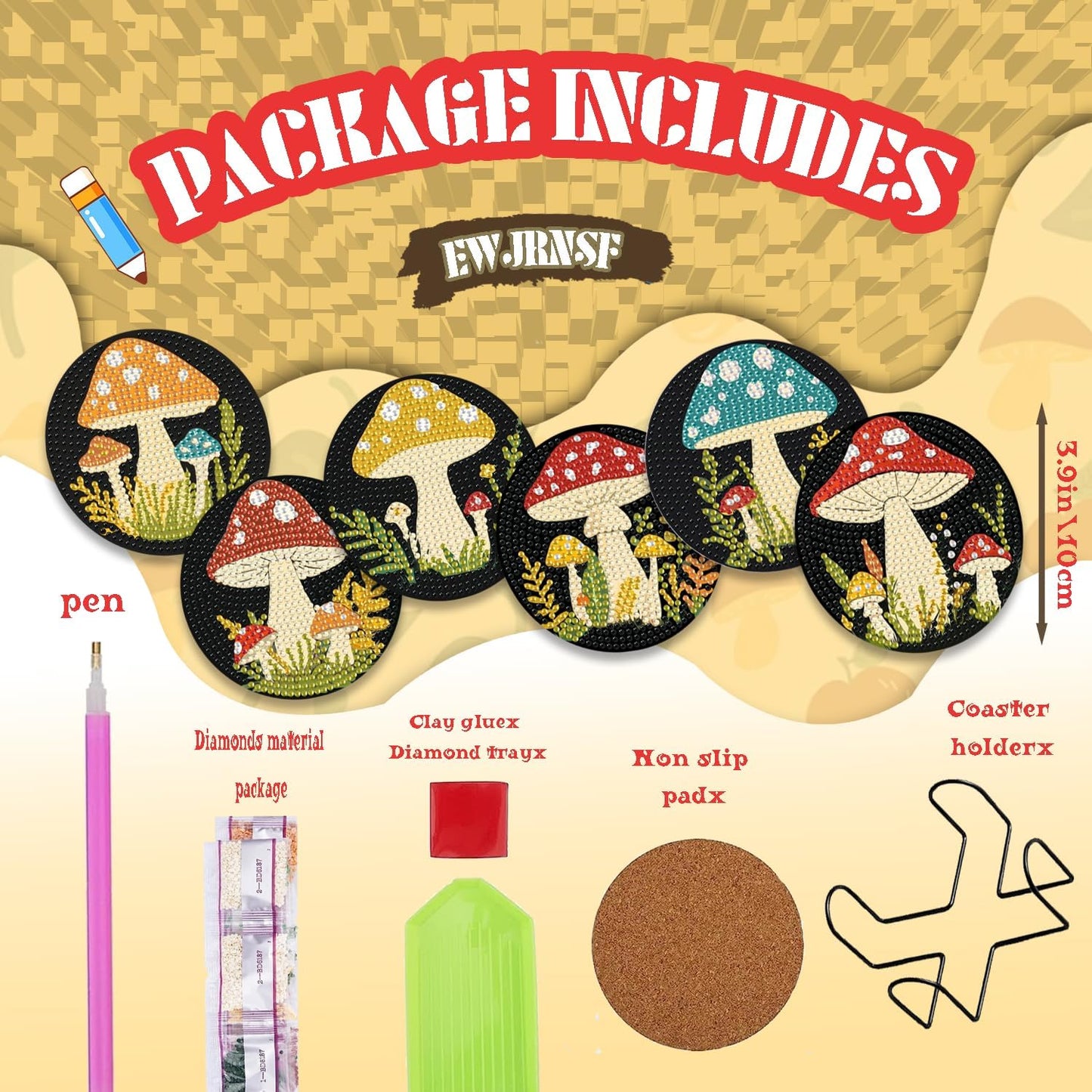 EWJRNSF 6 PCS 5D Diamond Painting Coasters Kits with Holder, Small Diamond Art Kits for Adults Beginners Diamond Dots Arts and Crafts Gems Supplies Item Mushroom Shaped