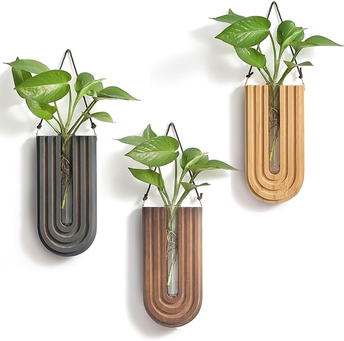 Wood Wall Planter Indoor, Propagation Station, Wooden Hanging Vase for Dried Flowers, Plant Holder, Boho Wall Décor for Living Room Rainbow U Shape (Set of 3)