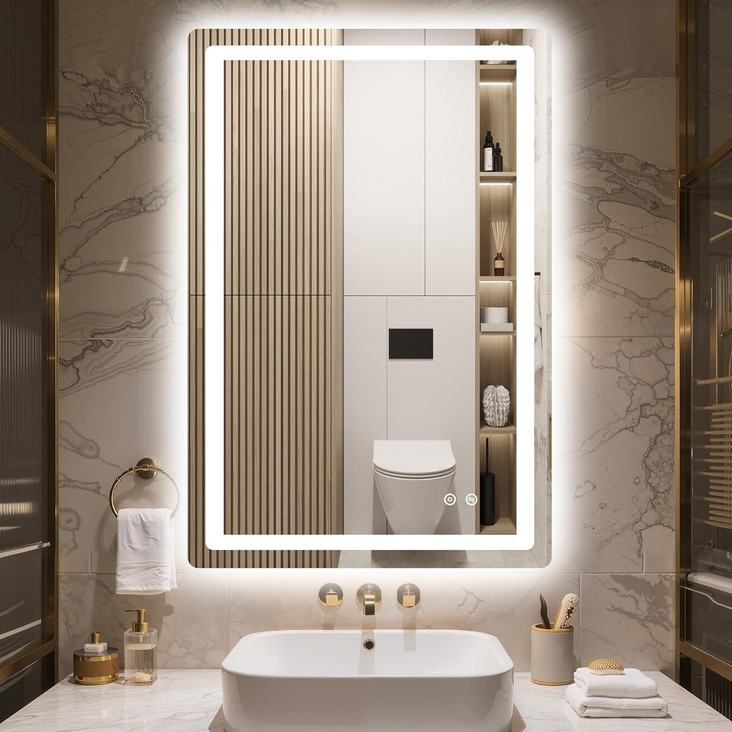 Delma LED Bathroom Mirror with Lights, 36x24 Vanity Mirror for Bathroom Wall, Anti-Fog, Dimmable, Front Lit & Backlit, Memory Function, Shatterproof Tempered Glass, 3 Color Modes(Horizontal/Vertical)