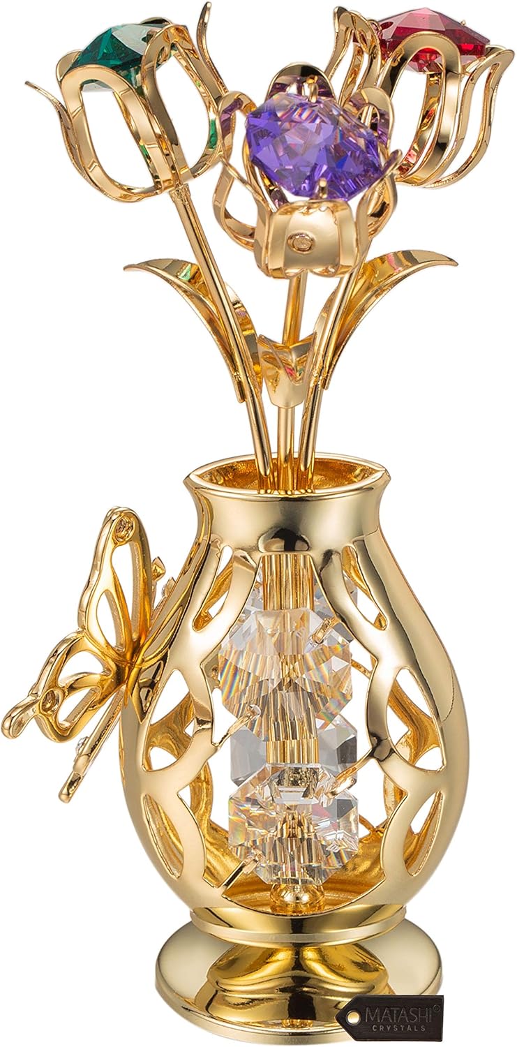 for Mom - Matashi 24k Gold Plated Flower Bouquet & Vase with Colorful Crystal Butterfly Figurine, Elegant Home Decorations - Unique Tabletop Ornaments, Ideal Gift for Mother's Day