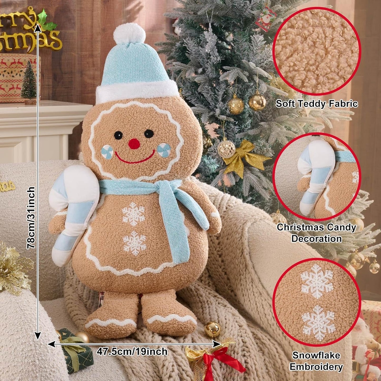 Lanpn Christmas Gingerbread Boy Pillow, Christmas Decoration Winter Throw Pillows Soft Fleece Sherpa Cute 3D Shaped Ginger Bread Man Throw Cushion for Sofa Bedroom Xmas Decor (19x31 inch)