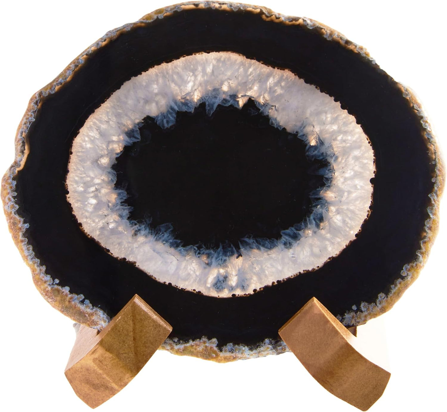 Luxury Lane Large Natural Brazilian Agate Slice Geode Rock Stone Drink Coaster with Wood Holder 4.7-5.5 inch Centerpiece Table Decoration, Black Space
