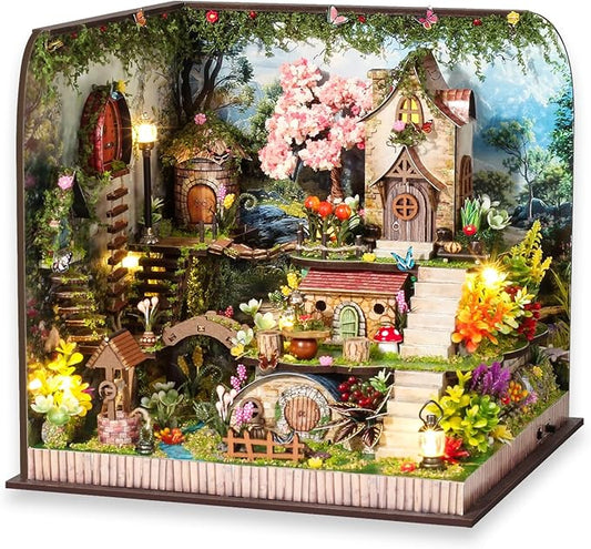TuKIIE DIY Miniature House Kit with Furniture, 1:24 Scale Creative Room Mini Wooden Dollhouse Book Nook Plus Dust Proof & Music Movement for Kids Teens Adults(Whispering Woods)