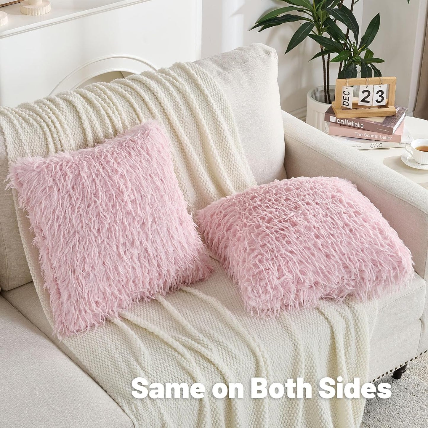 FUTEI Pink Decorative Throw Pillow Covers 20x20 Inch Set of 2,Soft Fluffy Faux Feather Texture Cushion Cases,Modern Home Luxury Decor for Couch Bed Living Room