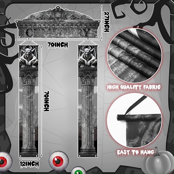 3 Pcs Halloween Cemetery Archway Halloween Cemetery Banners Gothic Outdoor Banners Sign Banner Decorations for Outdoor Party Supplies(Classic)