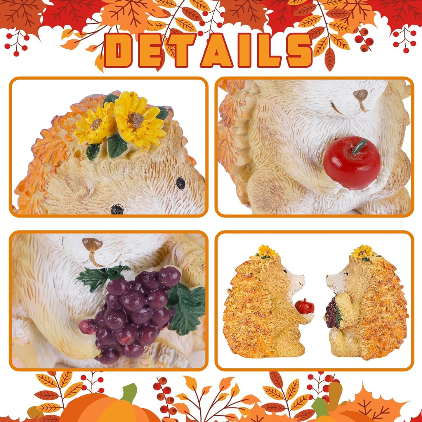 Lulu Home Fall Decorations for Home, 2 Packs Harvest Hedgehog Resin Sculpture with Maple Leaves & Fruits, Autumn Tabletop Ornaments Craft Decor for Thanksgiving and Fall Season