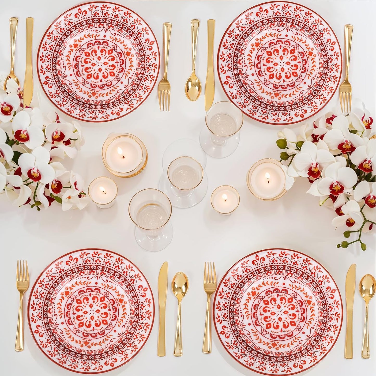 Hioasis 60pcs Red Plastic Plates Set - Floral Red & White Porcelain Design, 10.25" Dinner & 7.5" Dessert Plates Disposable for Wedding/Party (Dishwasher Safe, Traditional Style)