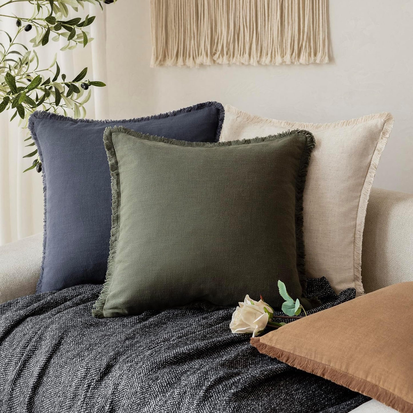 Foindtower Decorative Linen Fringe Throw Pillow Covers Cozy Boho Farmhouse Cushion Cover with Tassels Soft Accent Pillowcase for Chair Sofa Bed Living Room Home Decor, 12×24 Inch, 1PC,Dark Olive Green