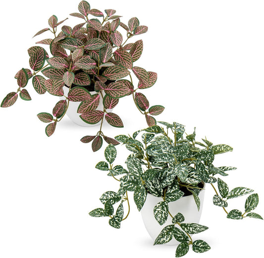 Hollyone Fake Plants 2 Packs Artificial Plants Indoor Faux Plants with White Plastic Pot Small Fake Potted Plant for Home Aesthetic Living Room Bathroom Desk Shelf Office Decor