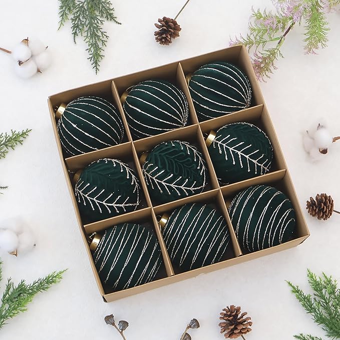 4inch Velvet Ornaments for Christmas Tree, 9PCS Glitter Flocked Christmas Ornaments Decorations Balls Set Decor Green