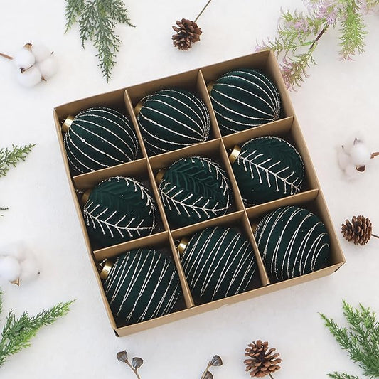 4inch Velvet Ornaments for Christmas Tree, 9PCS Glitter Flocked Christmas Ornaments Decorations Balls Set Decor Green