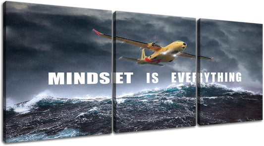 Inspirational Wall Art Rainstorm Airplane Mindset is Everything Canvas Pictures Painting Motivational Posters Inspiring Success Quotes for Office Wall Decor Print Artwork Ready to Hang [36''W x 16''H]