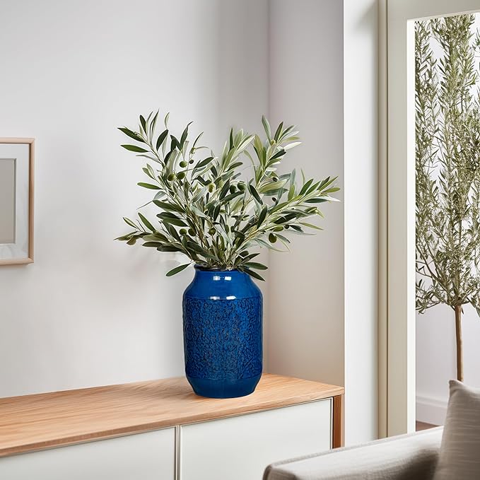 Blue Vase for Decor, 9 inch Ceramic Flower Vase, Modern Decorative Vases Home Decor, Bathroom Bedroom Office Living Room Shelf Decoration