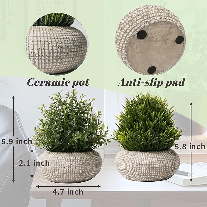 2Pack Small Fake Plants, 6.1/5.7 Inch Artificial Plants Indoor in Cement Planter, Small Faux Plants Indoor for Room Bathroom Bedroom Farmhouse Kitchen Office Home Decor - All Green - Boxwood