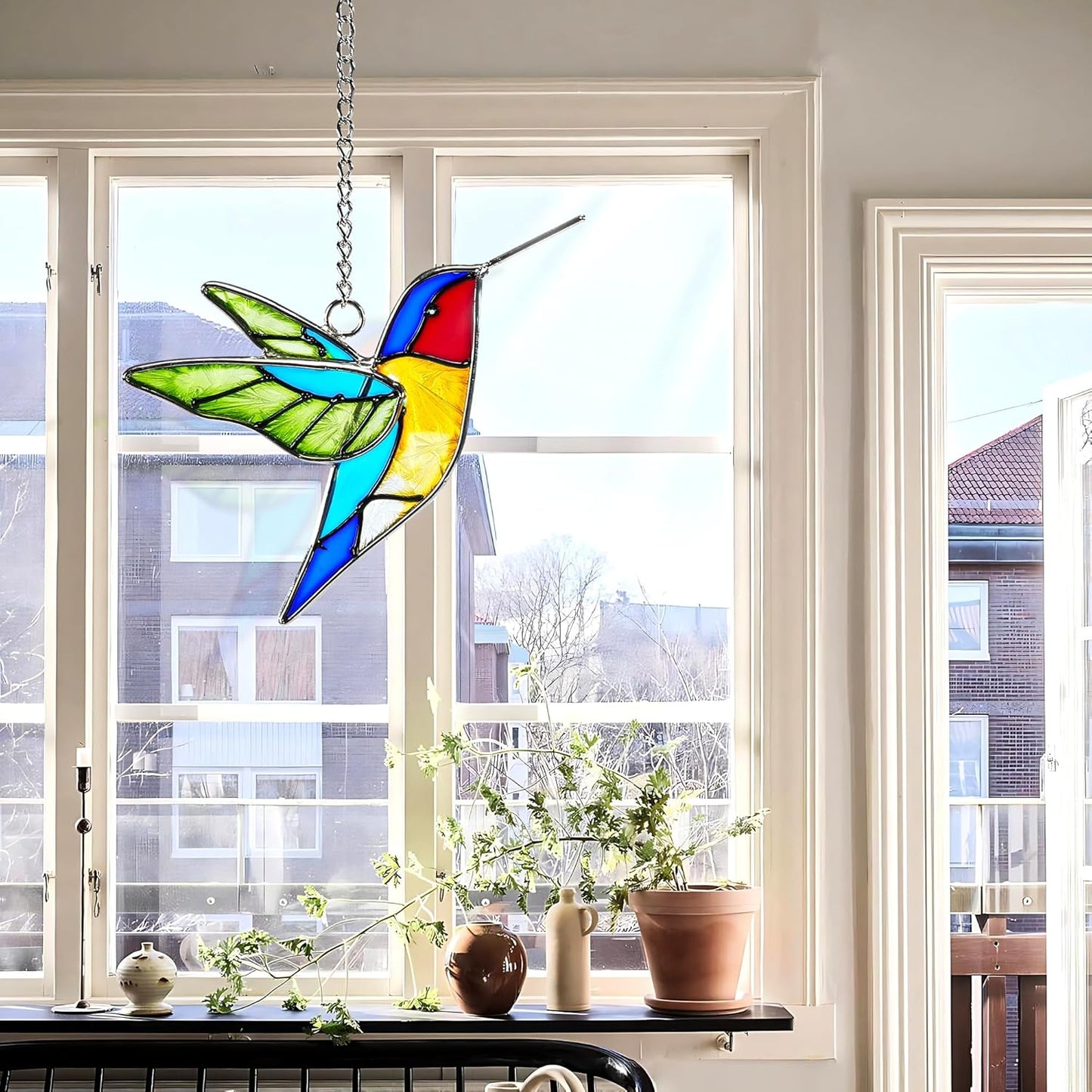 Handmade Stained Glass Hummingbird Hanging Ornament - Colorful 4.3x4.9 Inch Window/Garden Decor for Mom, Grandma, Mother's Day - Patio, Home, Wedding Decorations(Green Wing)