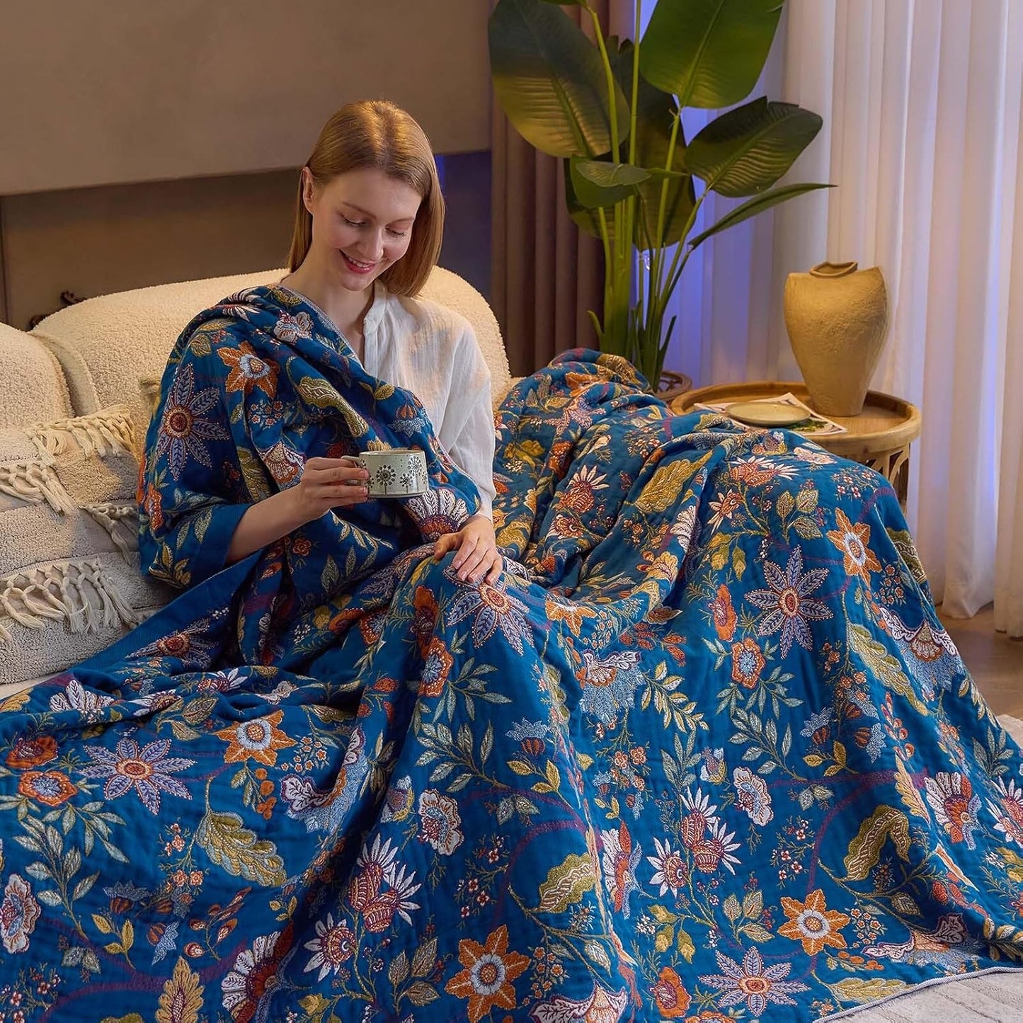 Fall Throw Blanket for Couch, Blue Boho Decorative Throw Blanket, 100% Cotton Muslin Breathable Woven Farmhouse Blankets Quilt, 50"x60" Reversible Lightweight Blankets Bohemian Throw Quilt