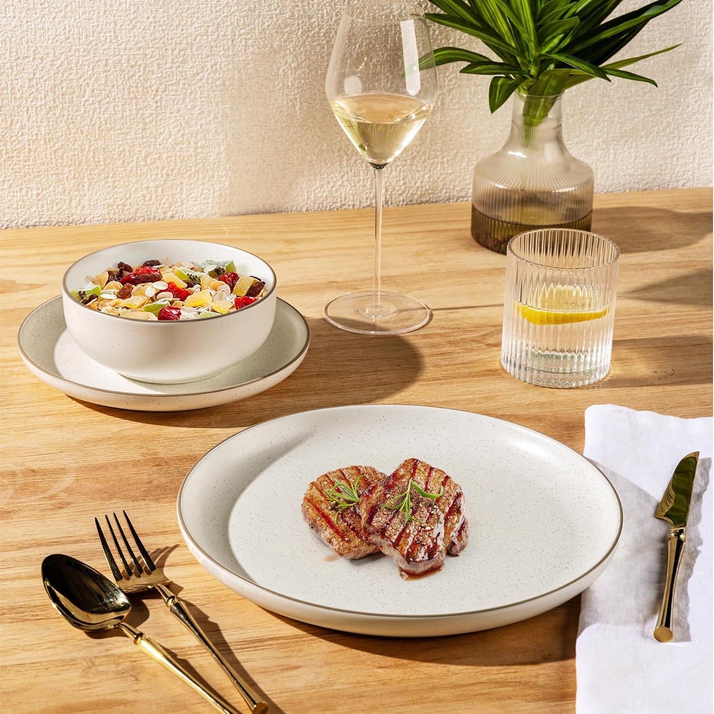 GBHOME Dinnerware Set for 4, GBHOME 12 Pieces Handmade Speckled Glaze Plates and Bowls Sets, Modern Style Scratch Resistant Stoneware Dishes Set, Dishwasher & Microwave Safe