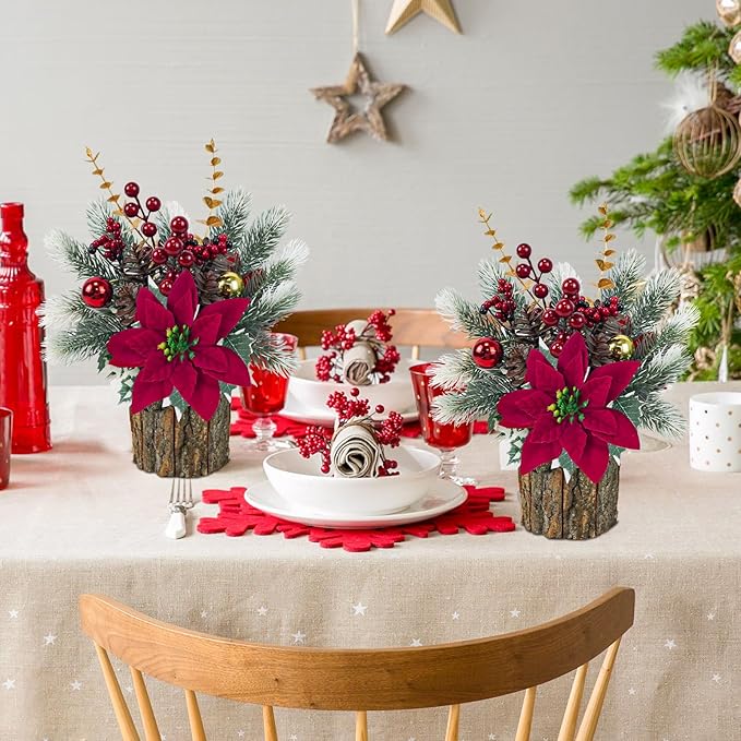 TORONTOKYO Small Christmas Plants Artificial with Wooden Pot, 13inch Mini Tabletop Christmas Tree with Red Poinsettia, Berries and Pine Cones for Home Desk Office Indoor Xmas Decor