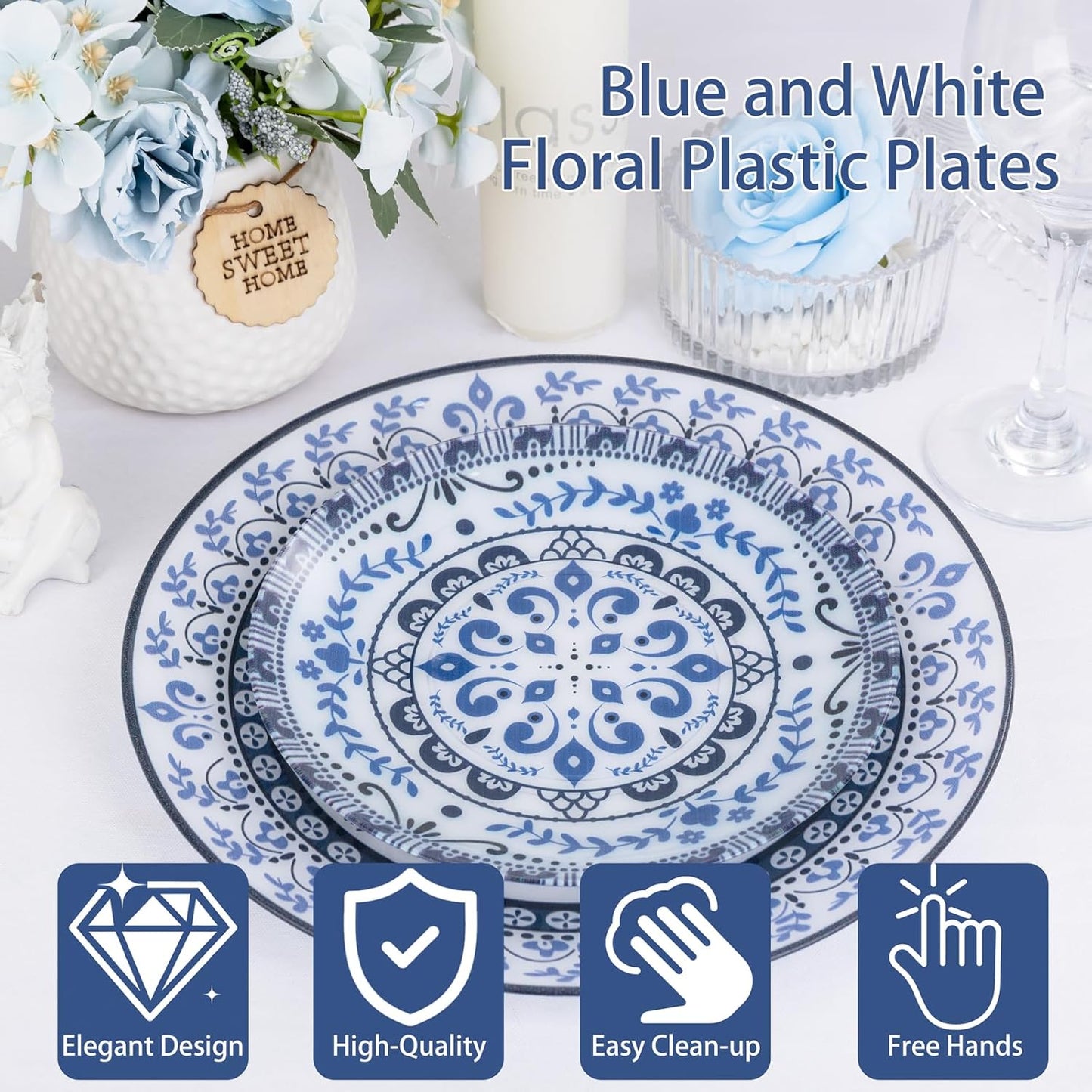 Hioasis 60pcs Blue Plastic Plates Set - Floral Blue & White Porcelain Design, 10.25" Dinner & 7.5" Dessert Plates Disposable for Wedding/Party (Dishwasher Safe, Traditional Style)