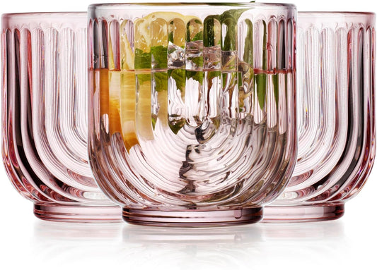 Glaver's Vintage Glassware Art Deco Glasse Ribbed Drinking Glasses U-Shape Arch Design Colored Cocktail Kitchen Tumblers Everyday Dinner Decorative Party (Pink S/4 11oz)