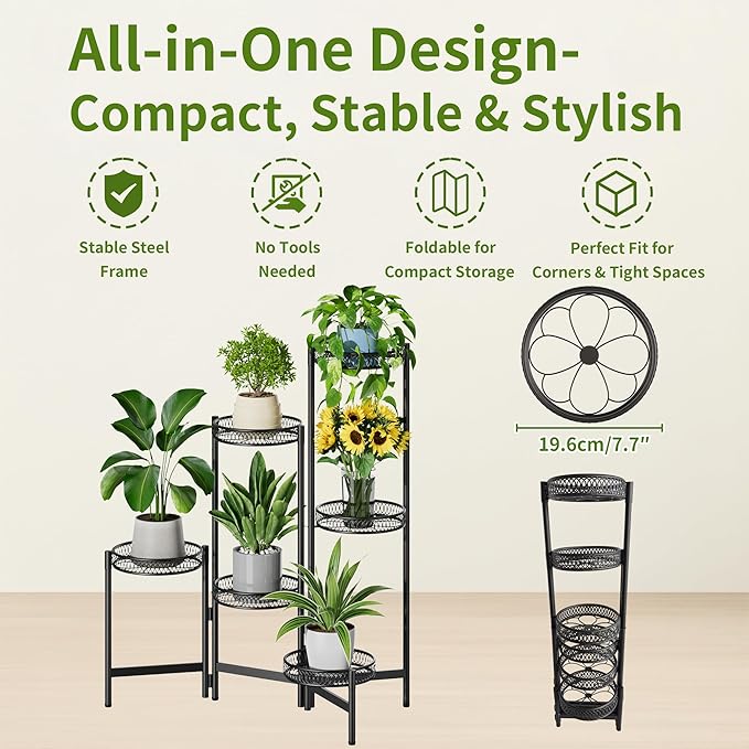 6 Tier Large Plant Stand Indoor with 7.9-Inch Wide Drainage Tray, Tiered Corner Metal Outdoor Flower Display Holder Shelf, Folding Tall Rack for House Patio Porch Balcony Graden - BlackFlower