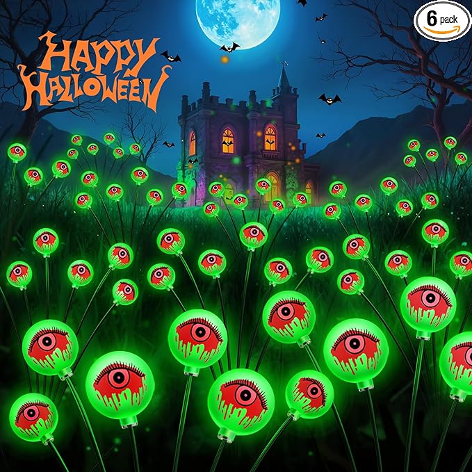 2025 Upgraded Halloween Lights Outdoor Solar Eyeball Light: 6 Pack 36 LED Green Scary Eyeballs Swaying Firefly, Waterproof Halloween Pathway Lights for Yard, Garden, Lawn Outside Lighting Decor