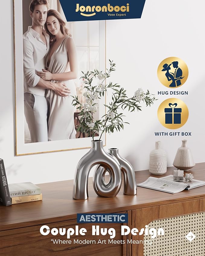 Hug Donut Decorative Vase Set - Silver Vase, Modern Nordic Boho Style Vases Home Decor, Matte Ceramic Decorations for Living Room Shelf, Bookshelf Mantle Entryway Table or Console Décor (Silver)