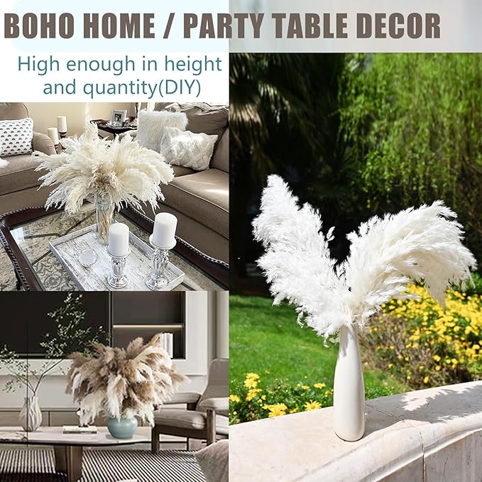 30 Stems White Pampas Grass Fluffy, Boho Home Decor, Natural Fluffy Pompas Grass Natural Pampas for Living Room Decor, Table Decor, Boho Decor, Party Wedding Decor, Gift (17.7 inch, 30 White )