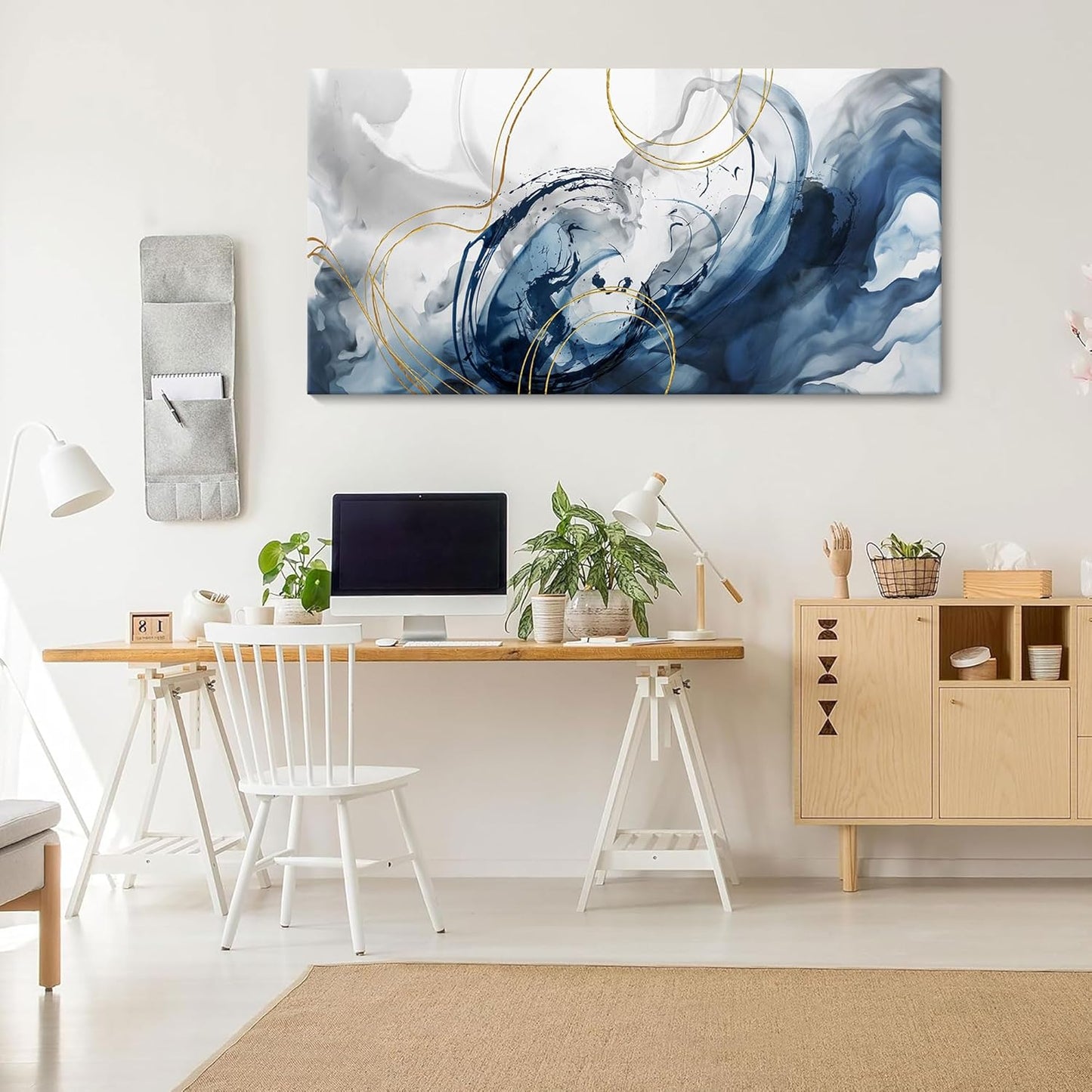 Blue Abstract Wall Art Modern Canvas Art Wall Decor Artwork For Walls Living Room Large Painting Office Pictures For Wall Navy Gold Contempor Decorations For Bedroom Size 20x40