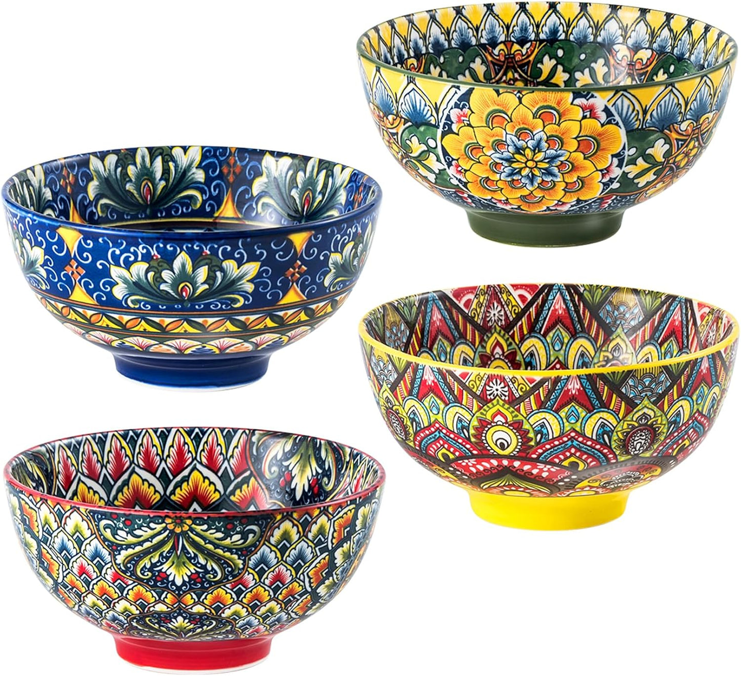 Henten Home Ceramic Soup Bowls Set of 4, Bohemia 23 oz Cereal Bowls Set, Porcelain Serving Bowls for Dinner, Salad, Pasta, Fruit, Decorative, Microwave & Dishwasher Safe