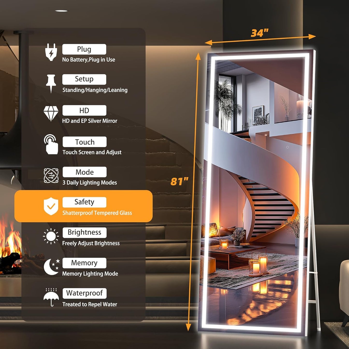 Hasipu Full Length Mirror with Lights, 81" x 34" LED Lighted Floor Standing Mirror, Full Body Dressing Hanging Mounted Mirrors, Dimmable, Tempered Glass, Safe to Use, Square White