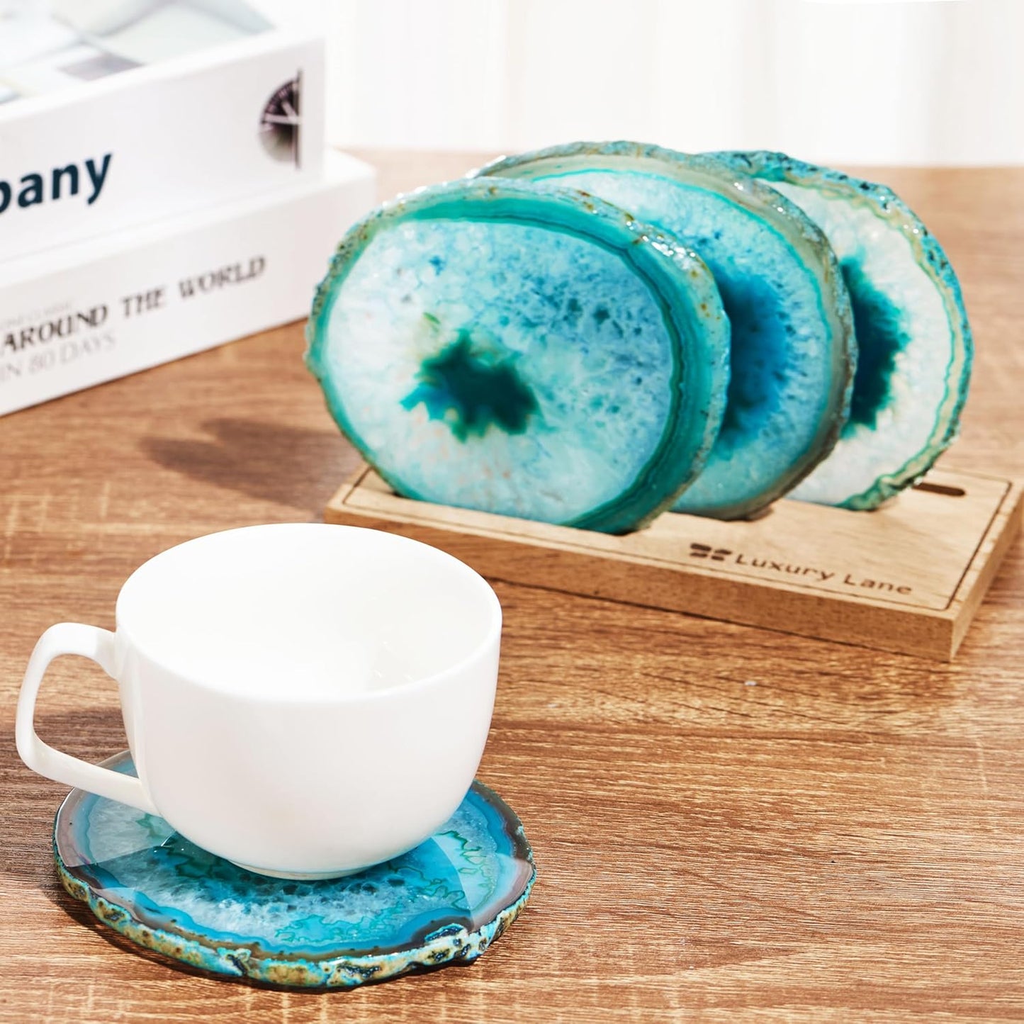Luxury Lane Set of 4 Large Natural Brazilian Agate Slice Geode Rock Stone Drink Coasters with Wood Holder 4.3-4.7 inch Centerpiece Table Decoration, Teal