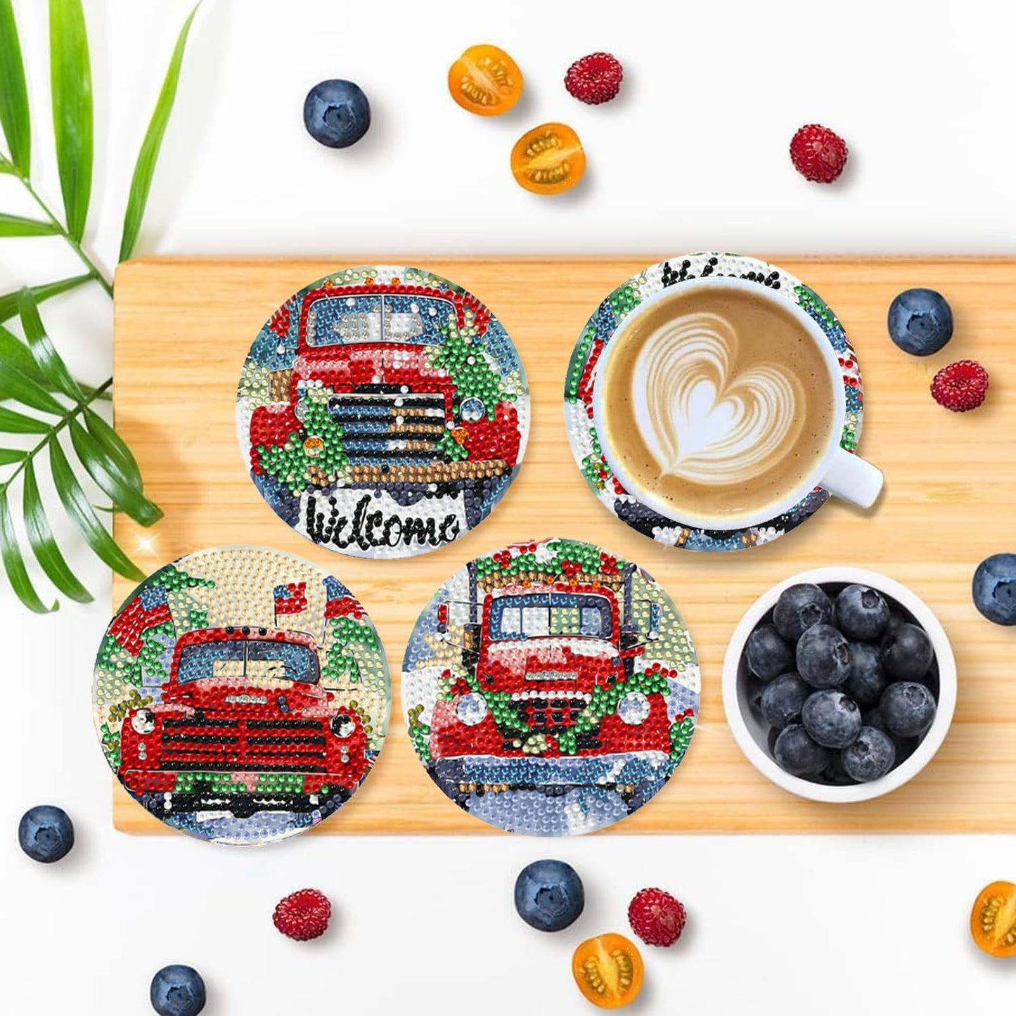 Leatrice Diamond Art Coasters Set of 6, Small Diamond Painting Kits for Adults Beginners Women, Gem Art Coasters with Holder, Funny Arts Supplies for Kitchen Decor Christmas Truck