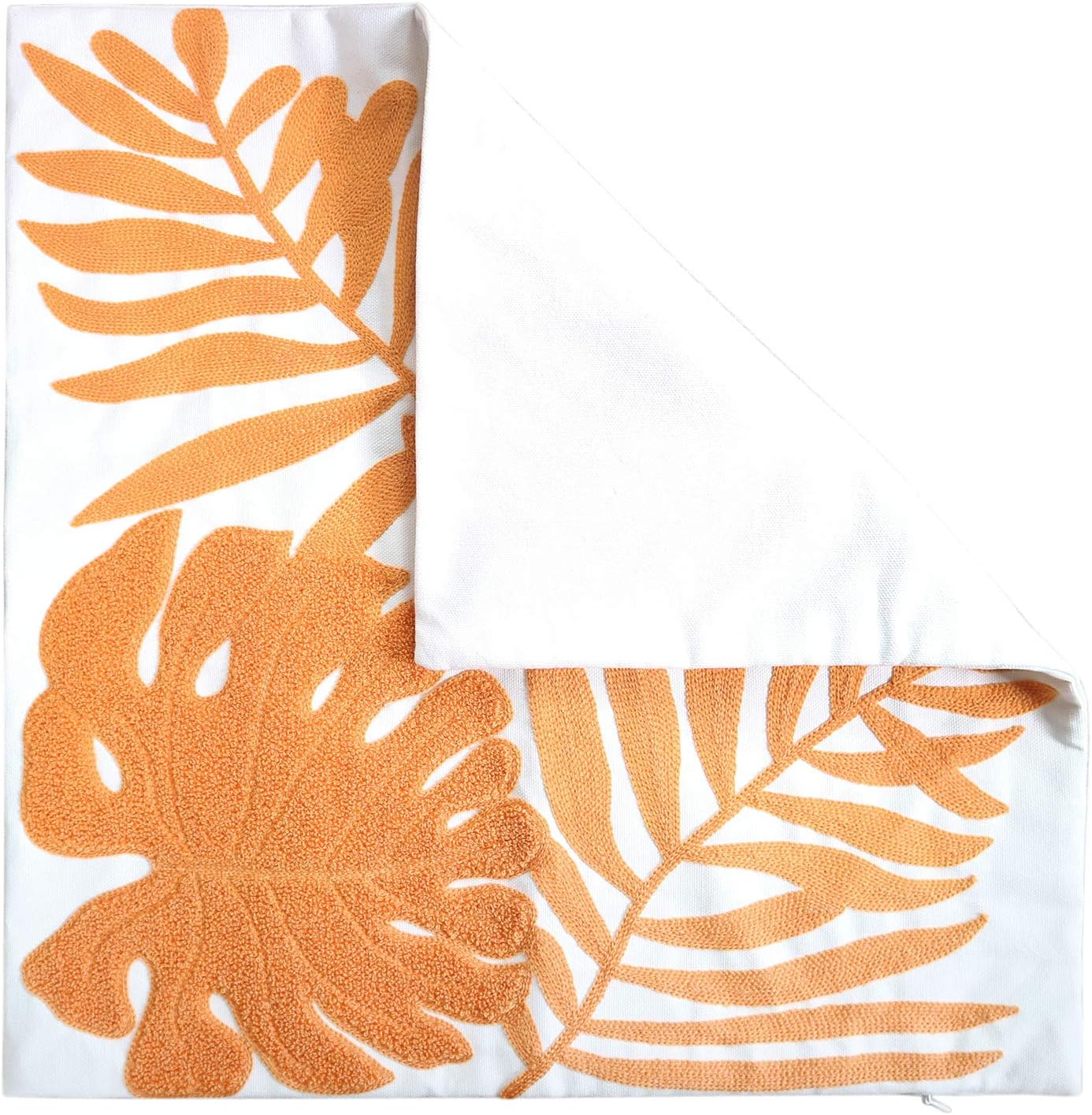Embroidery Throw Pillow Covers 18x18 Home Decor Floor Pillow Cover for Couch Bed Chair 100% Cotton Loop Embroidered Orange Tropical Leaves Cushion Cover Square Pillowcase 45x45cm, 1 Piece