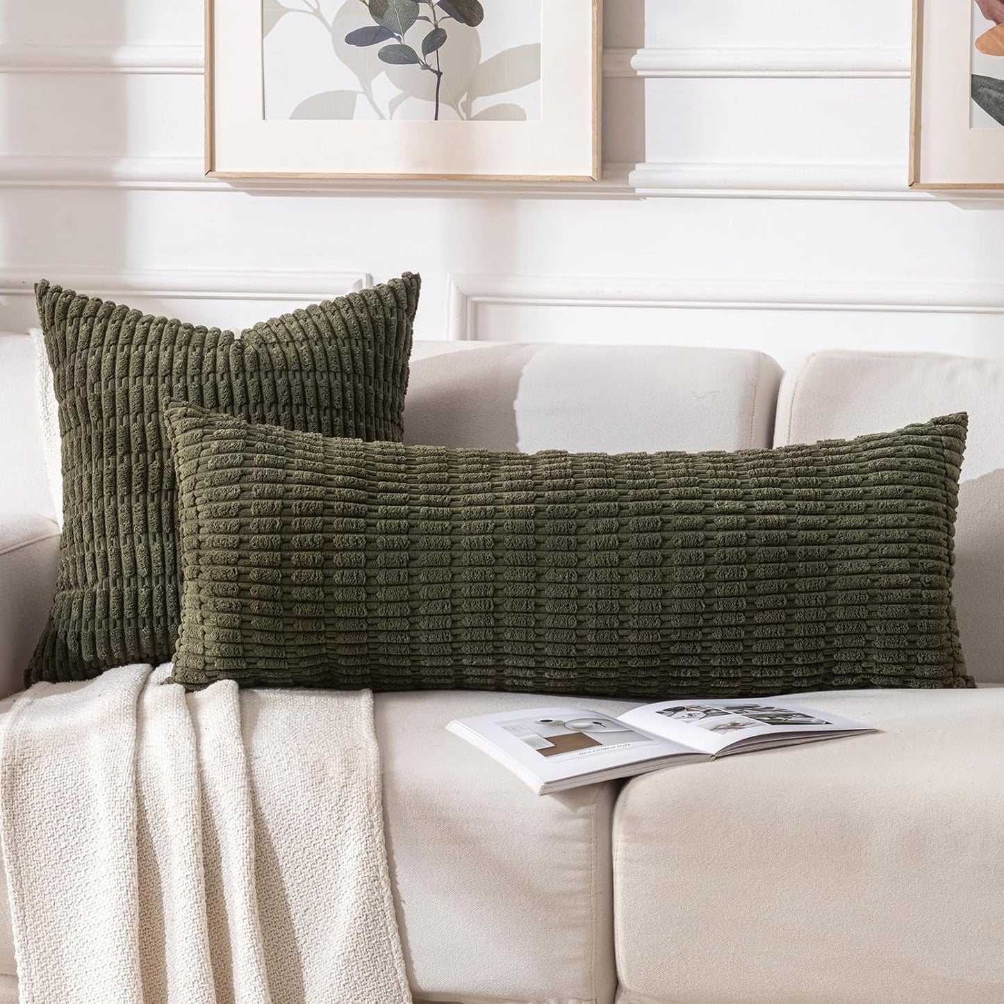 Fancy Homi Olive Green Long Body Lumbar Decorative Throw Pillow Covers 14x36 Inch for Bed Couch Bedroom, Soft Corduroy Rectangle Solid Pillow Case 35x91 cm, Rustic Farmhouse Boho Room Decor