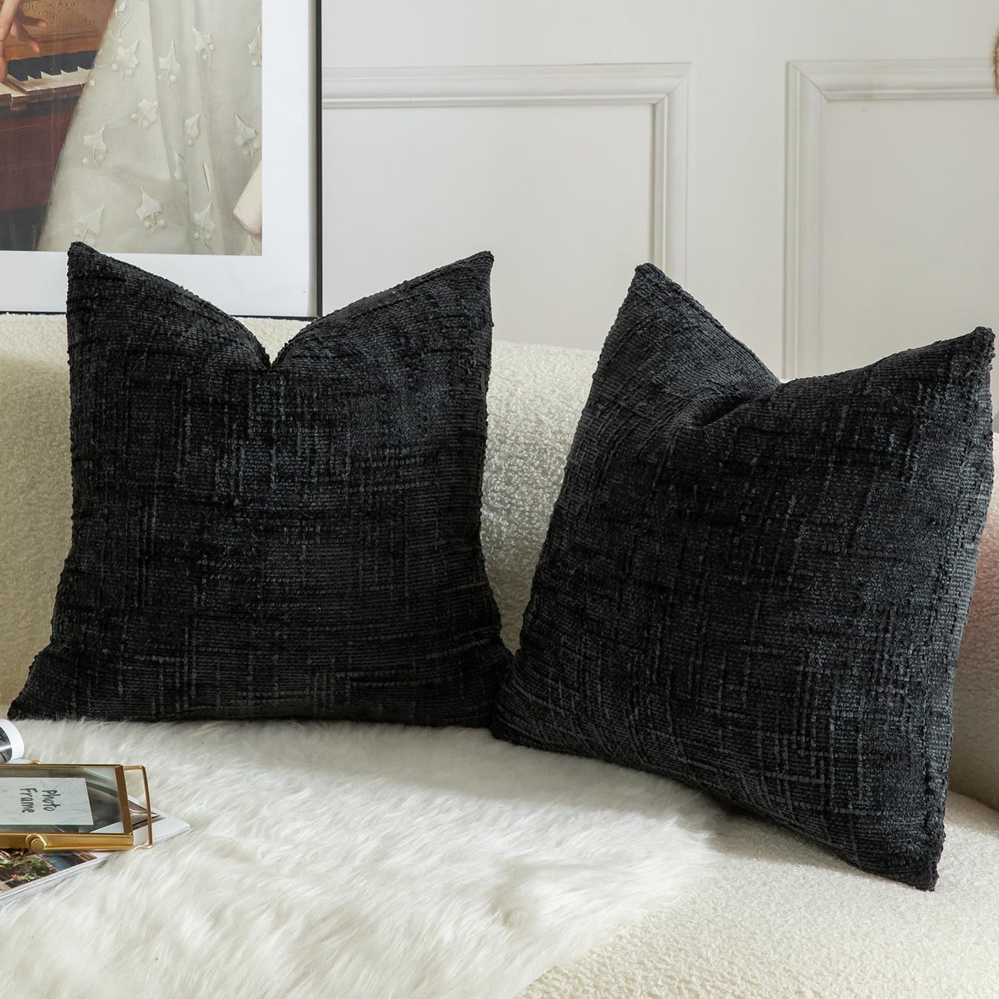 MANDIOO Pack of 2 Soft Chenille Textured Throw Pillow Covers Square Accent Solid Decorative Cushion Cover Cozy Farmhouse Pillow Case for Couch Sofa Bed Living Room 24x24 Inch Black