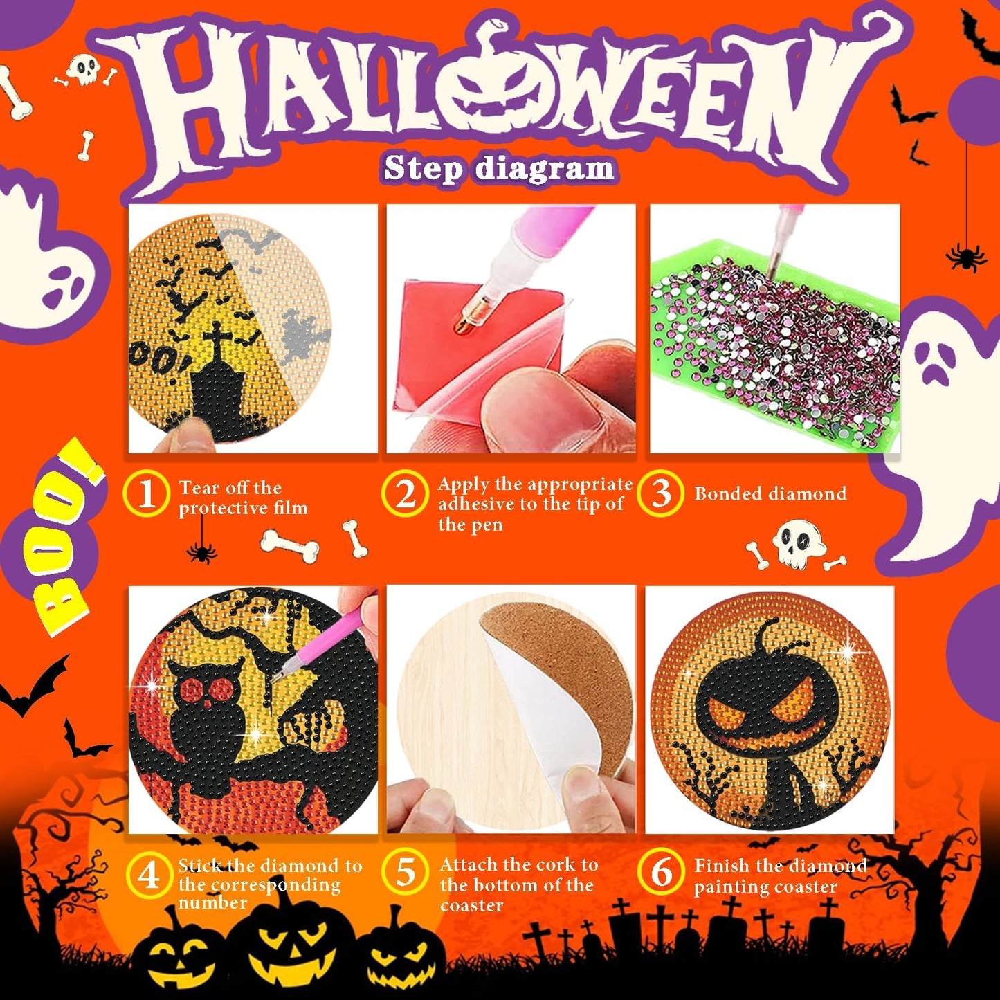 Leatrice 8PCS Halloween Diamond Art Coasters Set Small Diamond Painting Kits for Adults Beginners Women Round Full Drill Diamond Coasters with Holder Funny Arts Supplies for Party