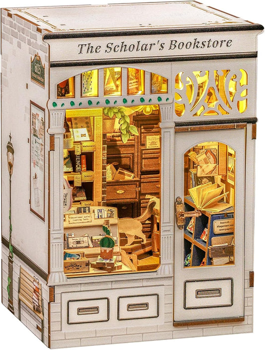 Cutefun Book Nook Kit - DIY Miniature Dollhouse Kit 3D Creative Decorative Bookend 3D Wooden Puzzle for Adults, Bookshelf Insert Library Decor with LED Light (The Scholar's Bookstore)