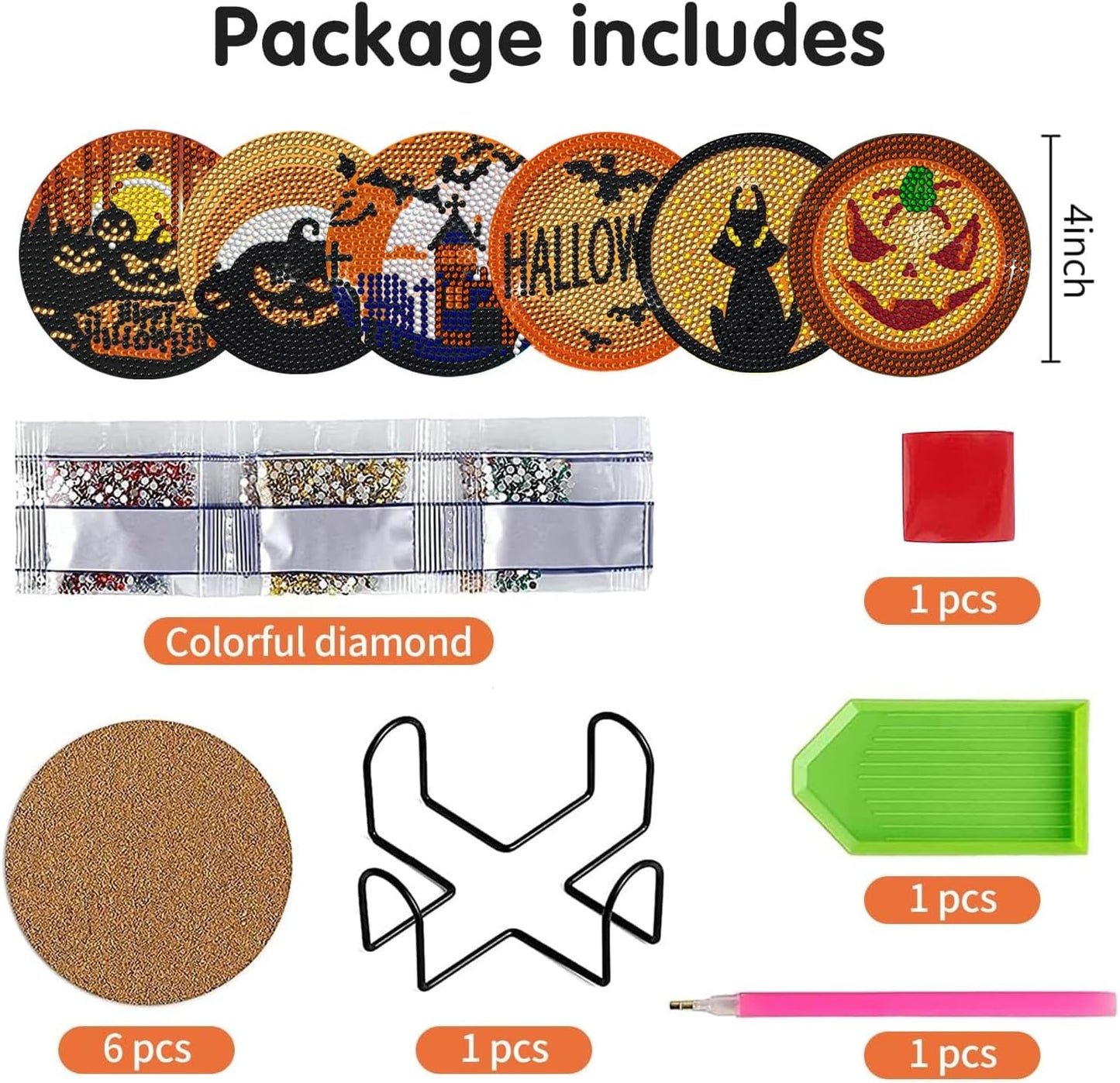 DOTSOPS 6 Pcs Halloween Diamond Art Kits for Adults Diamond Art Coasters with Holder for Adults Beginners Diamond Craft for Christmas Halloween