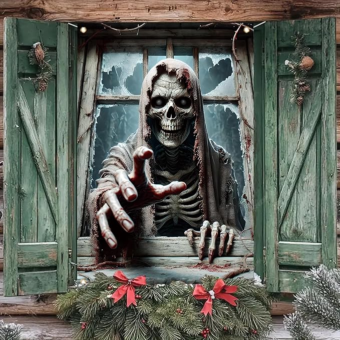 Window Cover Halloween 47x31 Inch Scary Skeleton Grim Reaper Banner Creepy Horror Window Decoration for Haunted House Outdoor Indoor Poster Trick or Treat Decor