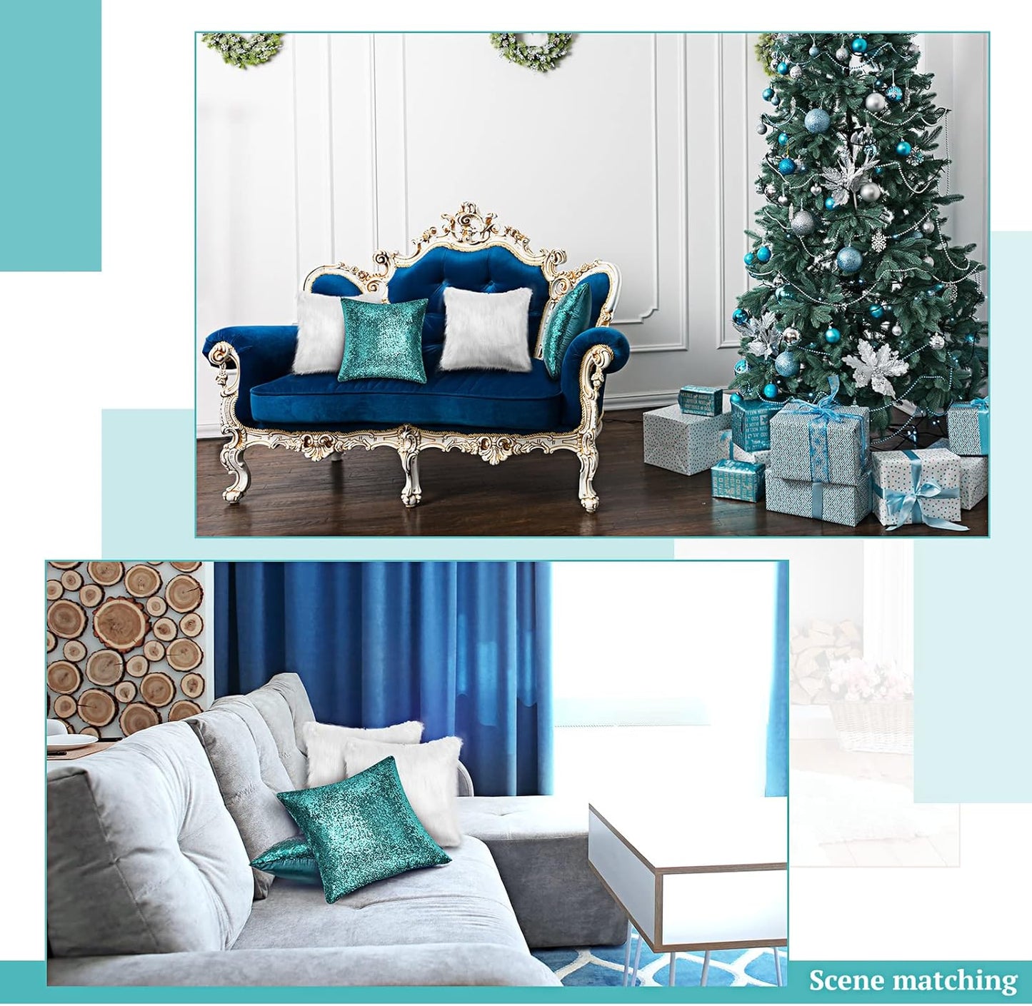 Irenare 4 Pcs Sequin and Fluffy Pillow Covers Winter Throw Pillow Cases Soft Cushion Cover for Couch Bed Sofa Xmas Day(18 x 18 Inch,Lake Blue, White)